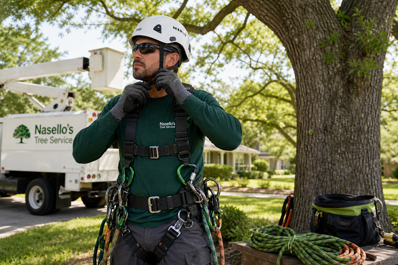 Nasello’s Tree Service arborist putting on a helmet and climbing harness before work